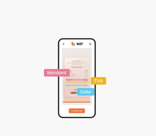 Saisie d'une note de frais sur l'application mobile N2F : montant, TVA et date lus automatiquement