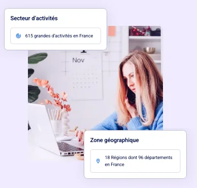 Visuel Docoon : collaboratrice au bureau, indicateurs de secteur d'activité et de zone géographique