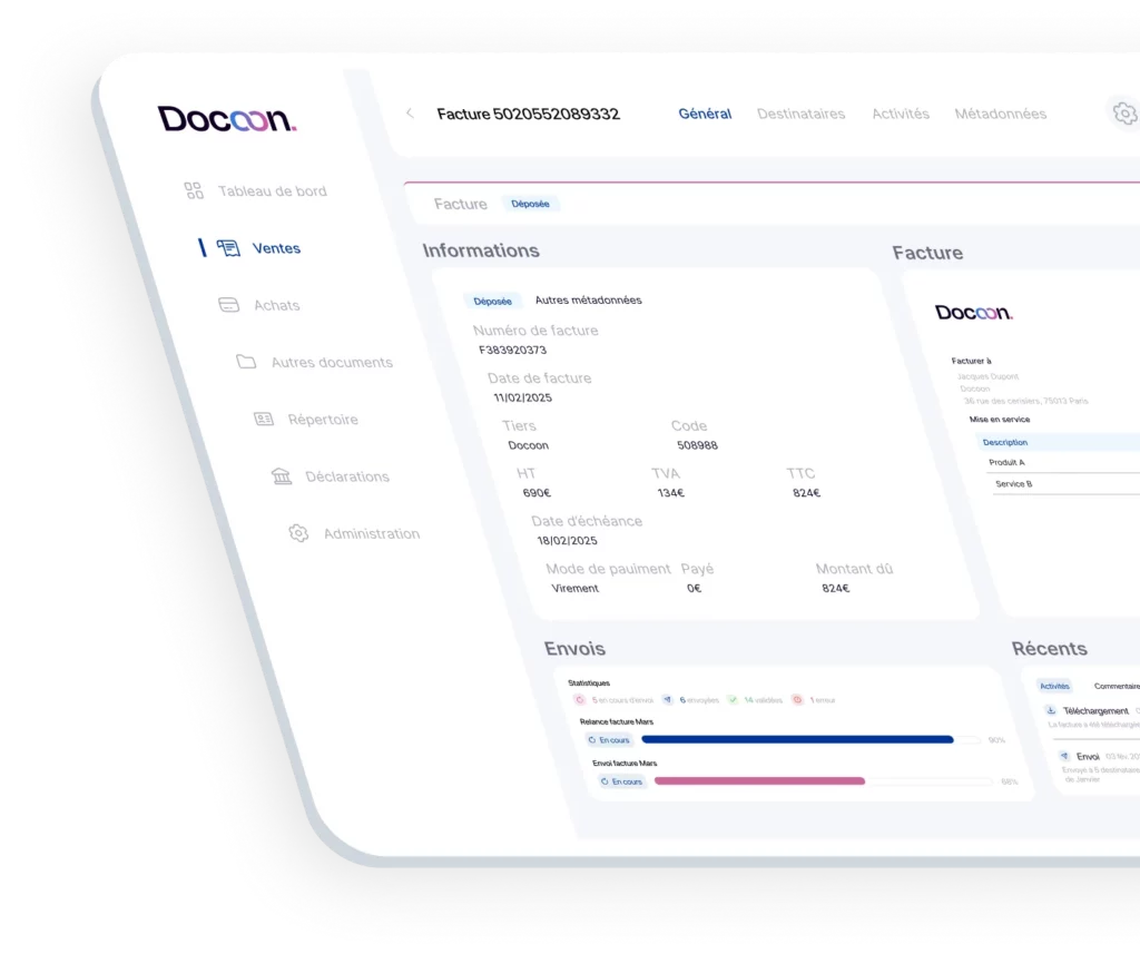 Interface Docoon : fiche d'une facture de vente et suivi des envois