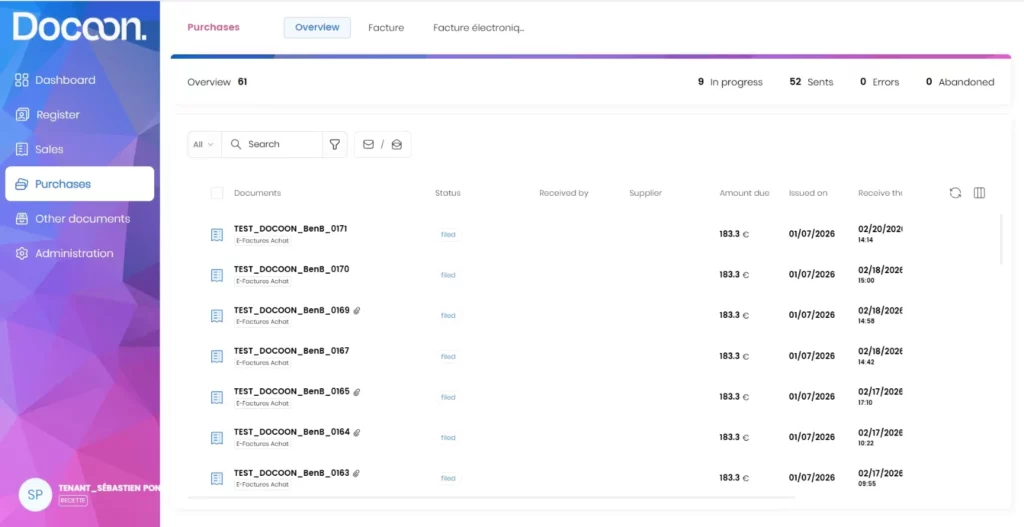 Interface Docoon : liste des factures fournisseurs à traiter