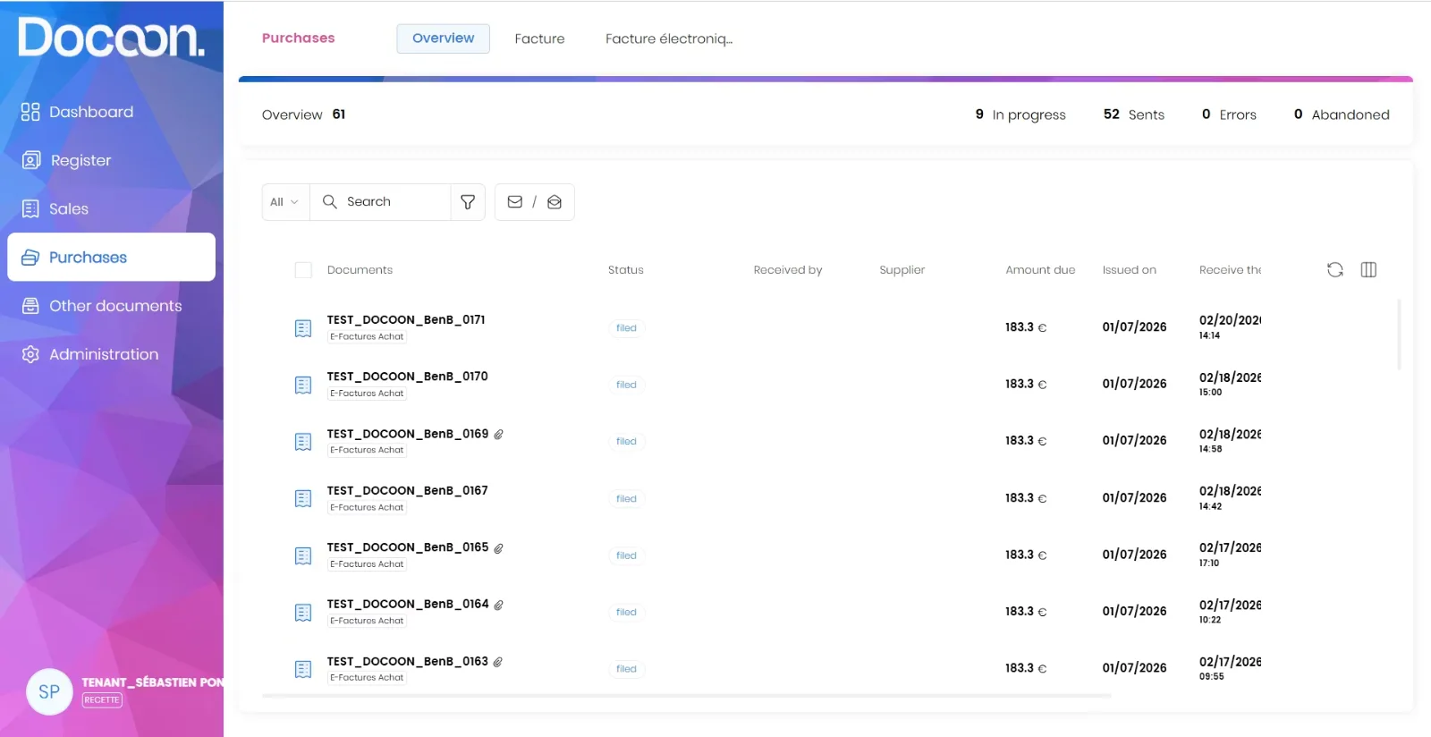 Interface Docoon : liste des factures fournisseurs à traiter